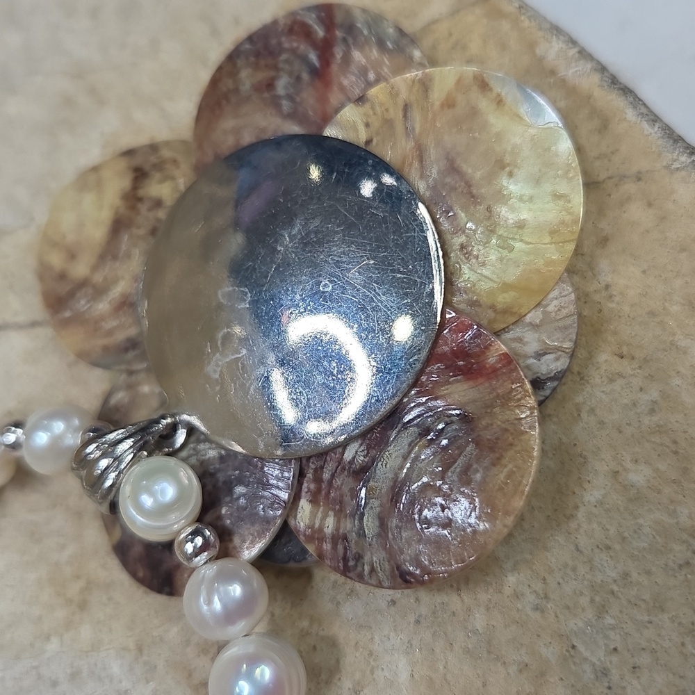 Freshwater Pearl Necklace, Flower MOP Pendant and Earring Set - Picture 9 of 9